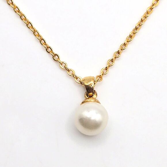 Dainty Single Faux Pearl Pendant on 18" 14k Gold-plated Cable Chain Necklace - Picture 1 of 5